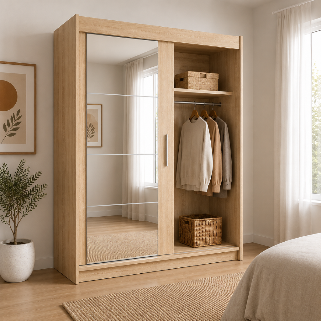 Armario Kairo Roble Corredero con Espejo – Diseño, Capacidad y Elegancia