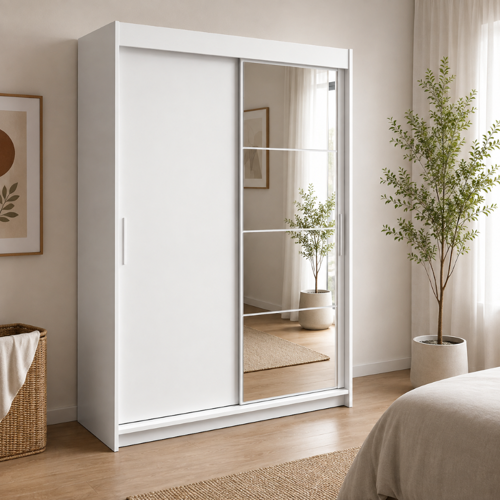 Armario Kairo Blanco Corredero con Espejo – Diseño, Capacidad y Elegancia