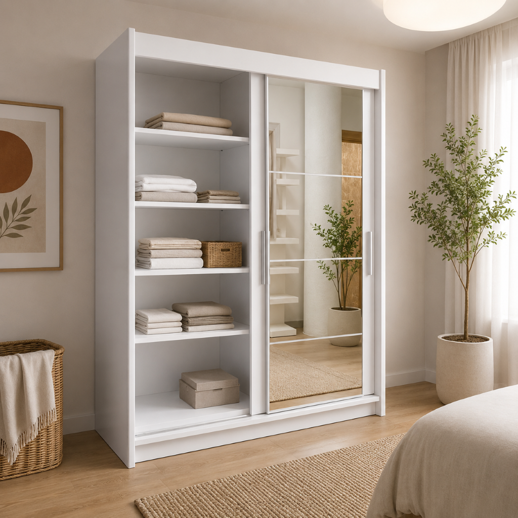 Armario Kairo Blanco Corredero con Espejo – Diseño, Capacidad y Elegancia