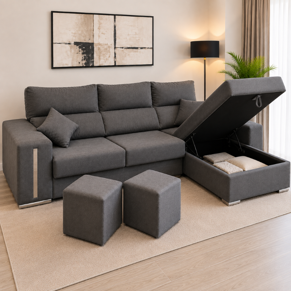 Sofá Oscar chaise longue con canapé abatible - Gris