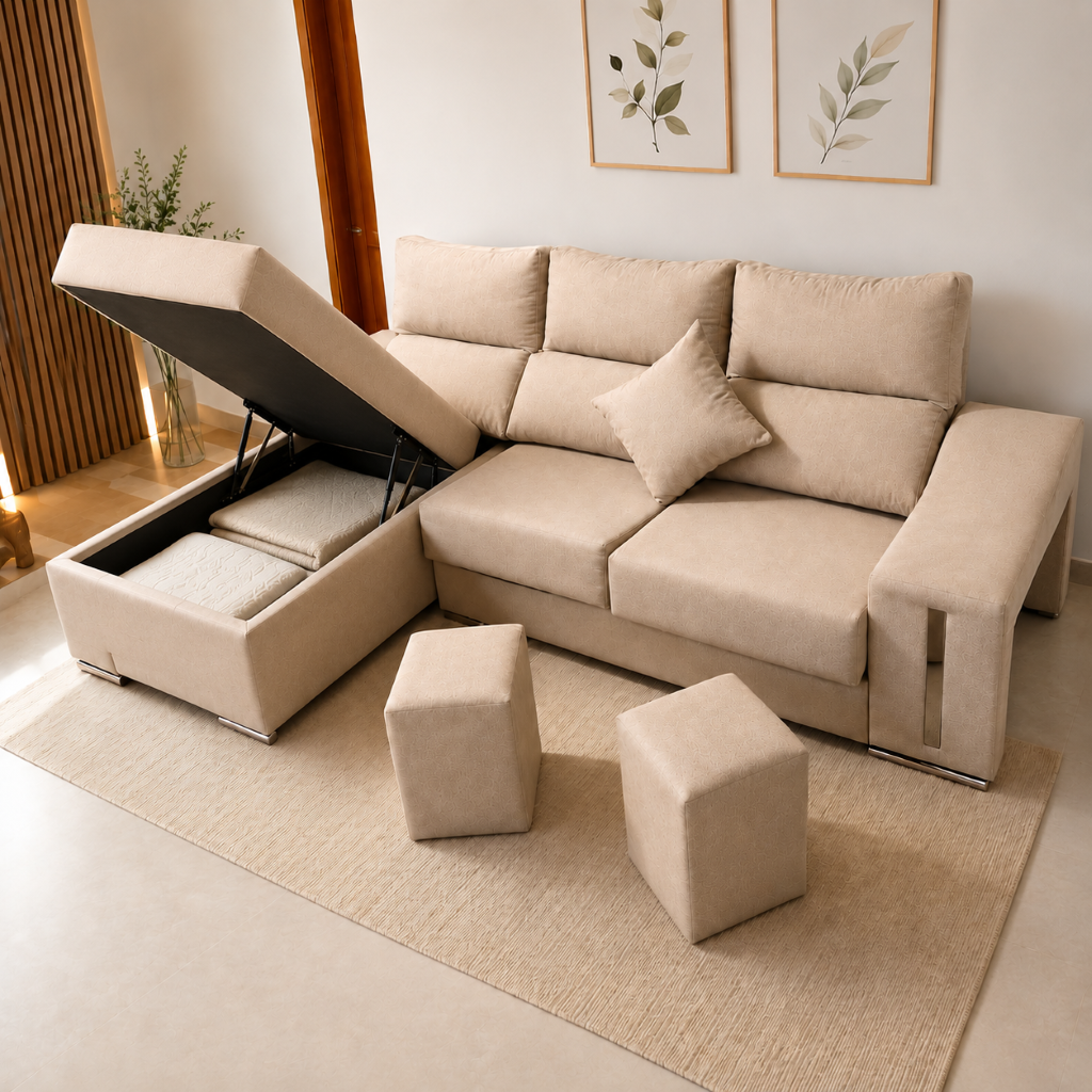 Sofá Oscar chaise longue con canapé abatible - Beige