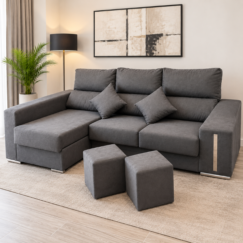 Sofá Oscar chaise longue con canapé abatible - Gris
