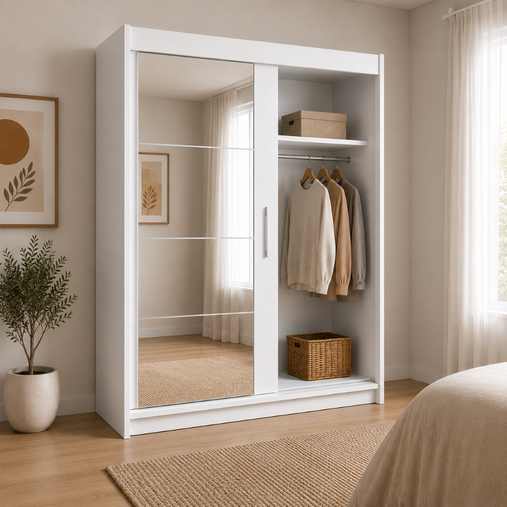 Armario Kairo Blanco Corredero con Espejo – Diseño, Capacidad y Elegancia